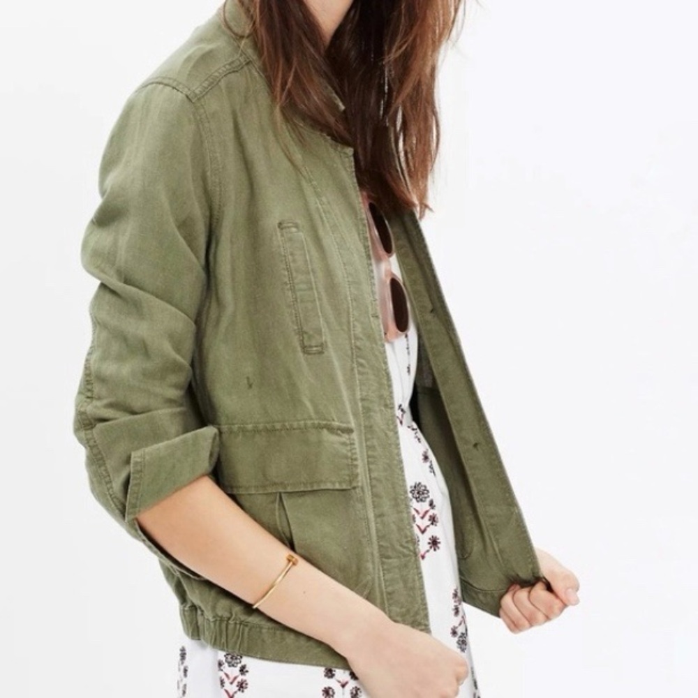 Madewell League Utility Jacket Size M Linen Olive Green Garden Girl Cargo Spring - Picture 2 of 9